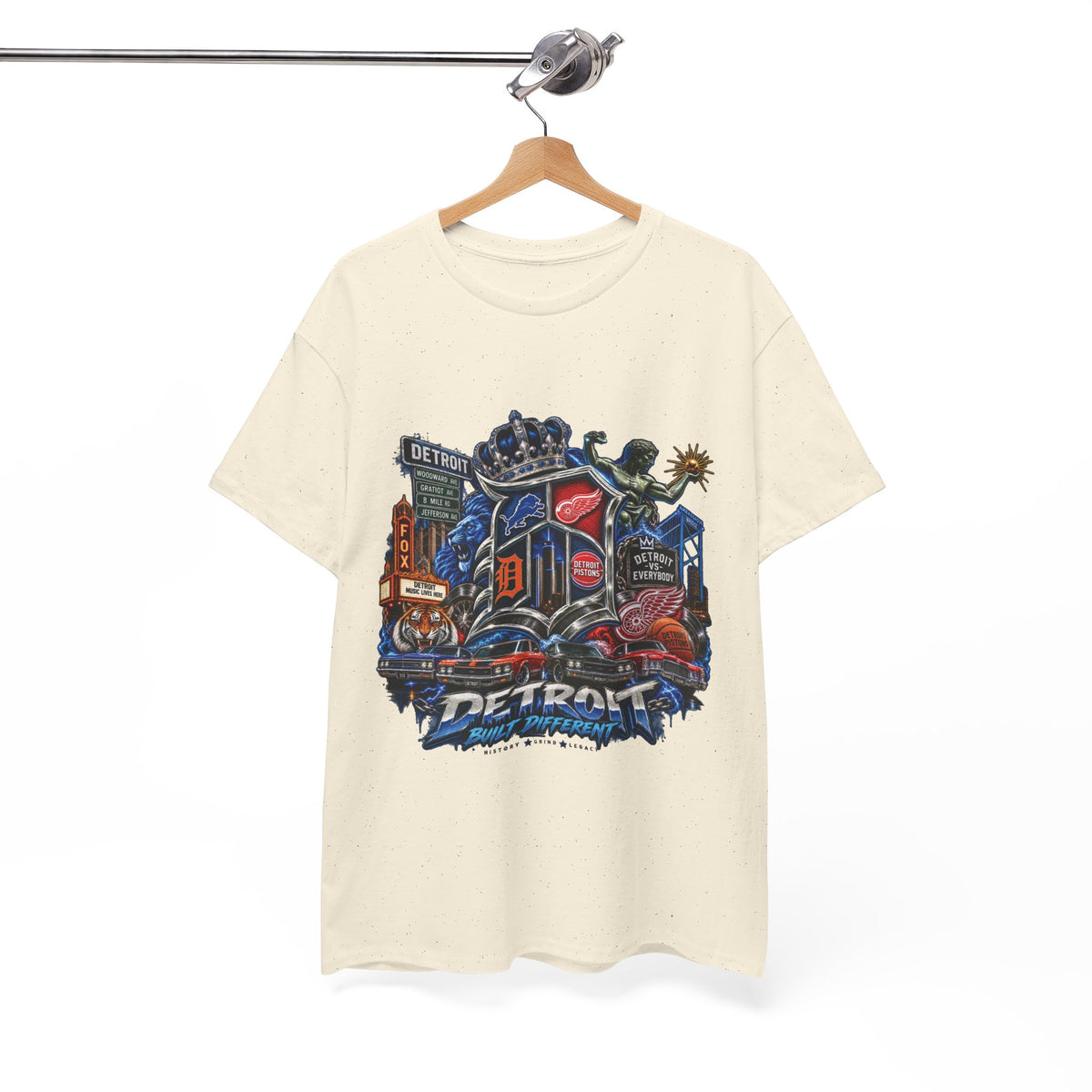Detroit Skyline Collage T-Shirt | Motor City Landmarks, Vintage Neon Design