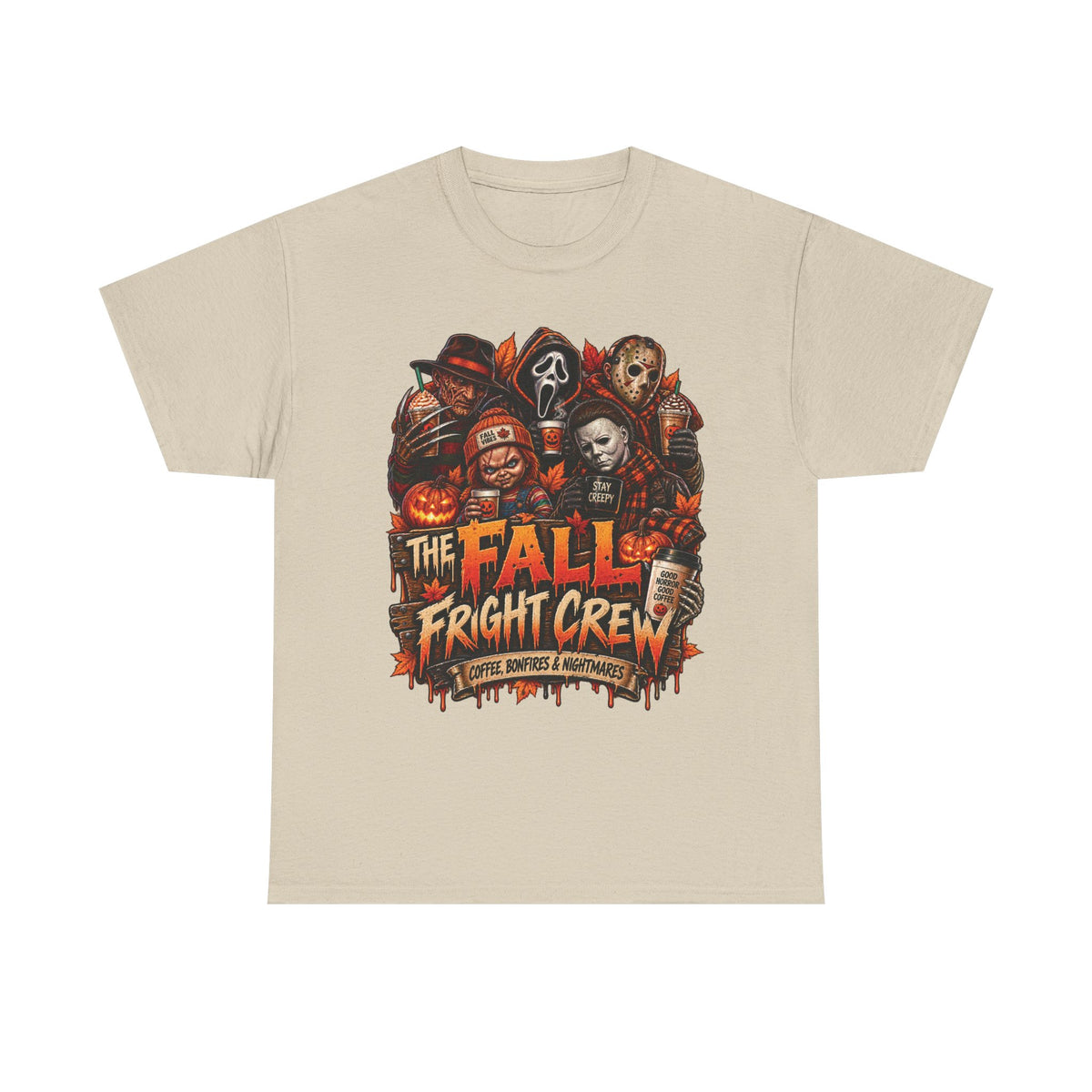 Fall Fright Crew Horror Characters Tee | Halloween Scary Movie Mask Design