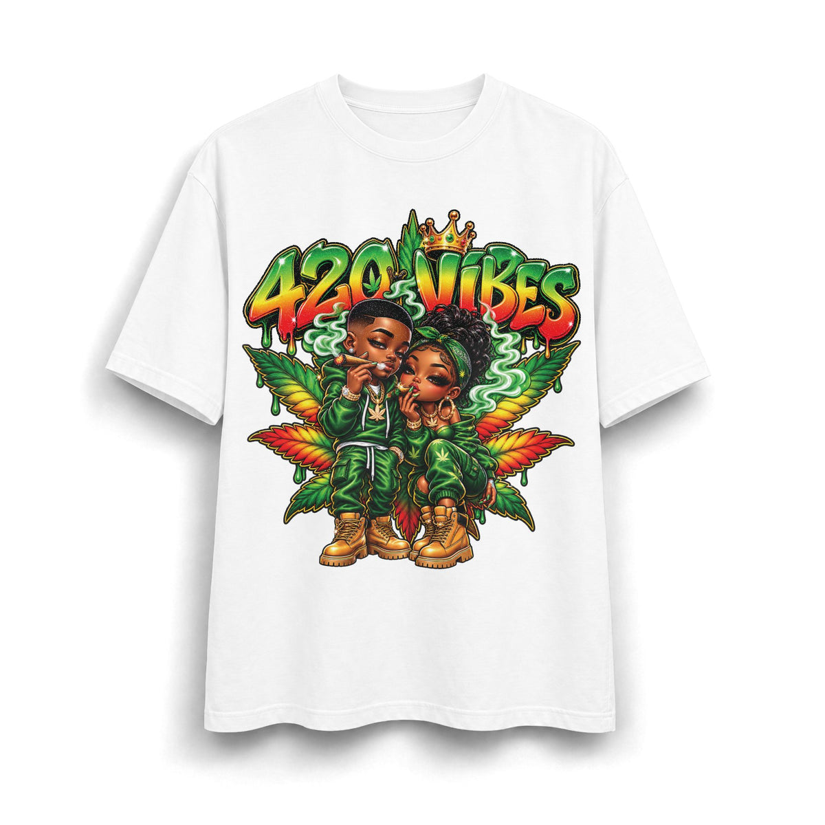 Detroit 420 Vibes Cartoon Couple T-Shirt | Cannabis Leaf Street Art Tee