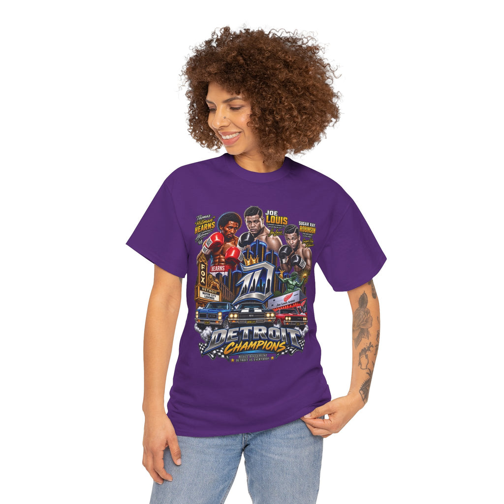 Detroit Champions T-Shirt | Motor City Boxing Legends, Classic Cars, City Skyline