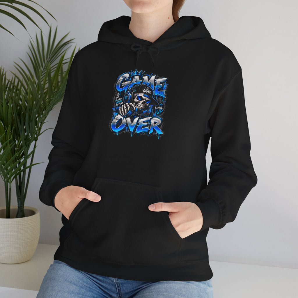 Game Over Skull hoodie | Gaming Graphic Sweatshirt, Blue Grunge Design