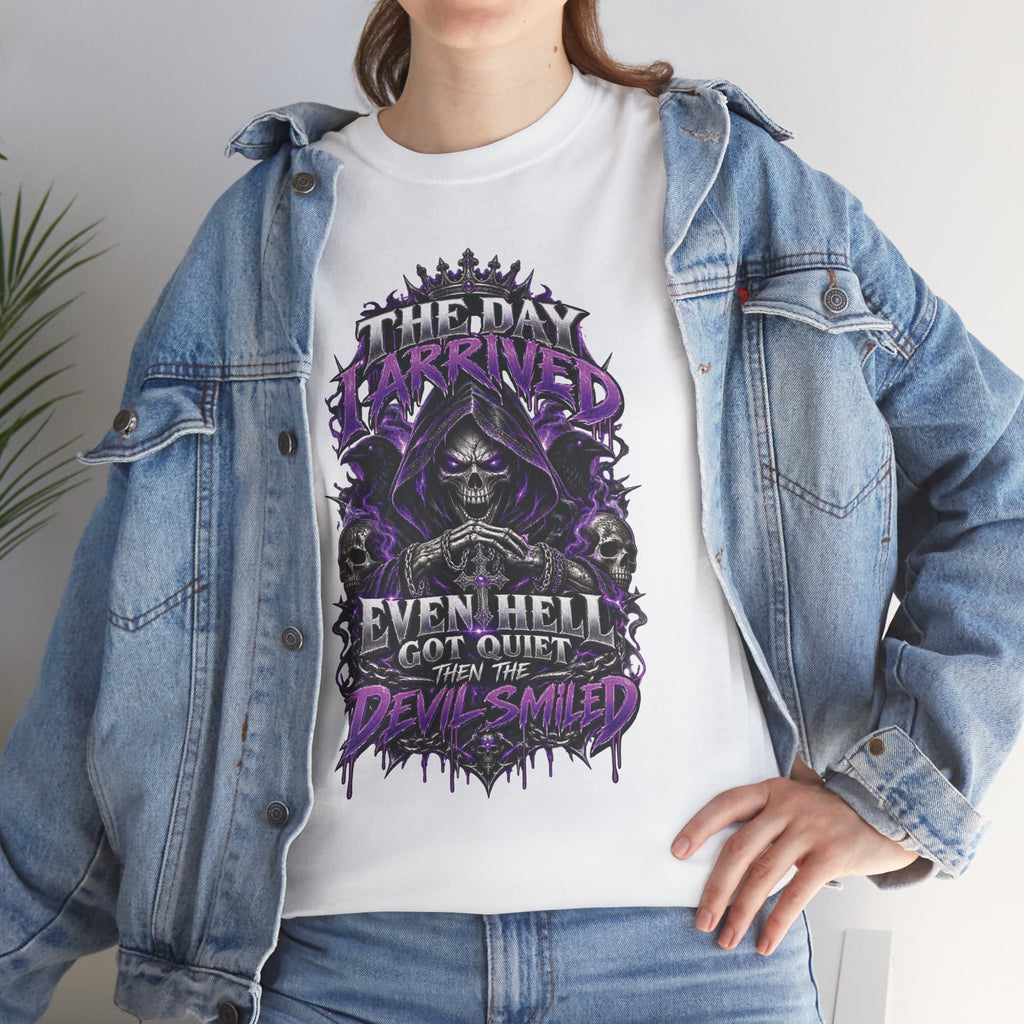Grim Reaper Skull with Purple Flames T-Shirt | Gothic Death Quote Tee