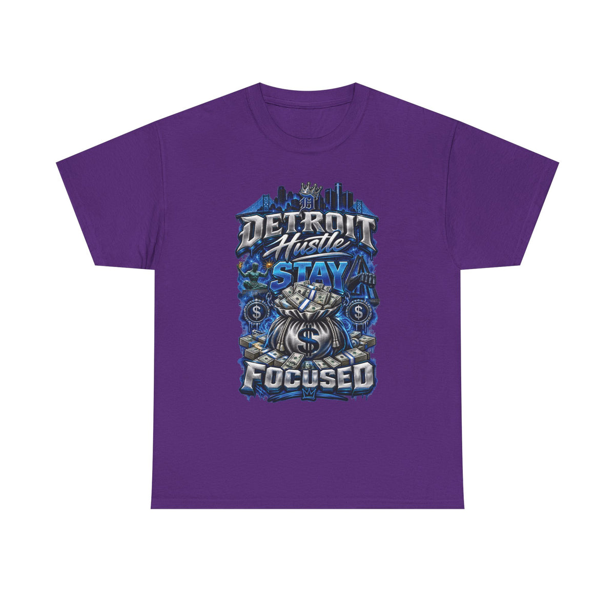 Detroit Hustle Stay Focused Tee | City Skyline, Money Bag Graphic