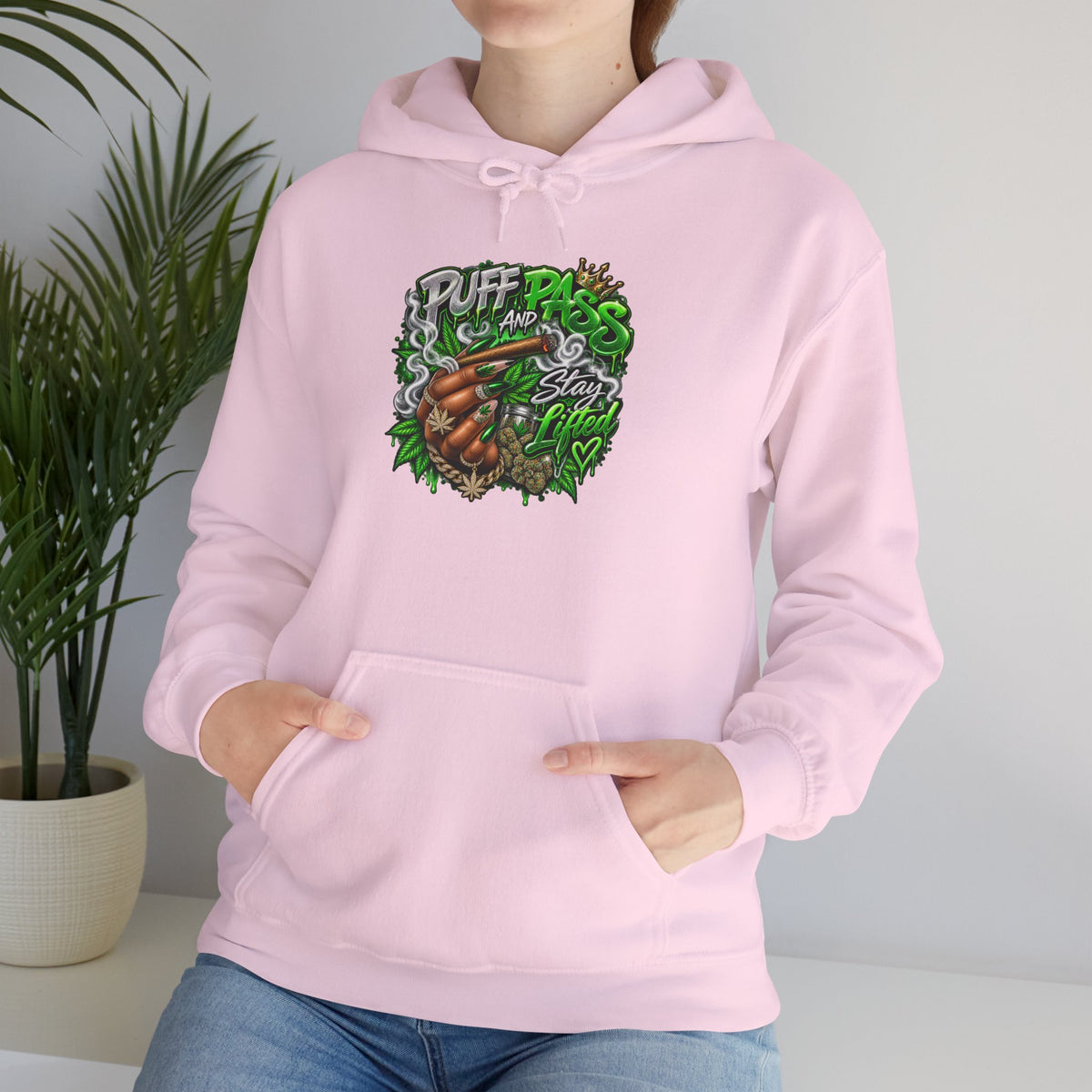 Puff Pass Stay Lifted Hoodie | Cannabis Leaf, Smoky Hand Illustration