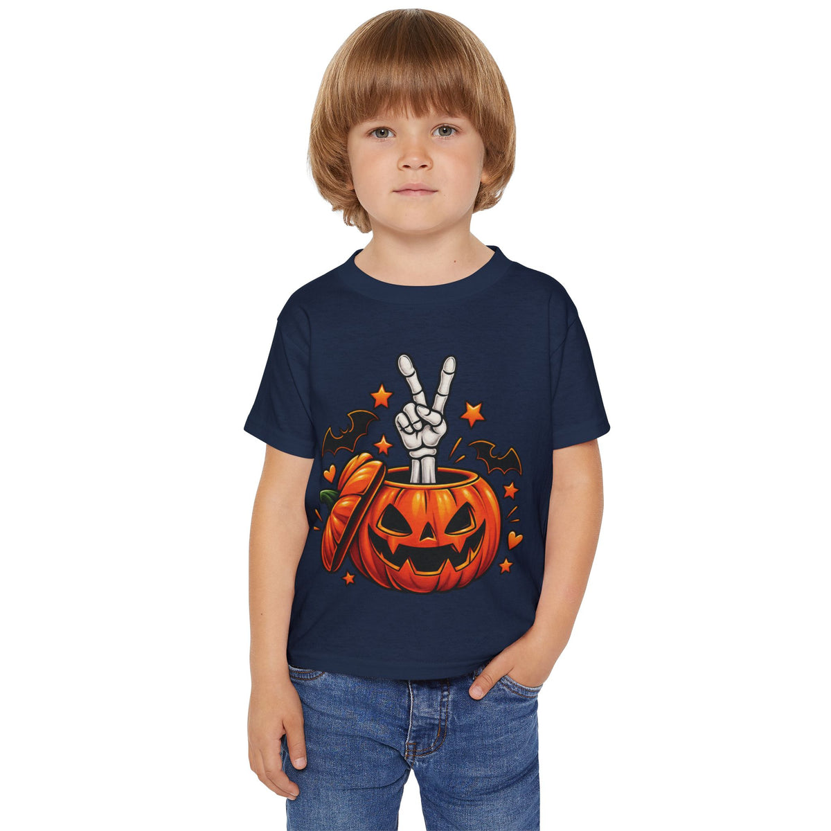 Peace Hand Skeleton in Jack-O'-Lantern Toddler T-shirt | Halloween Pumpkin Bats