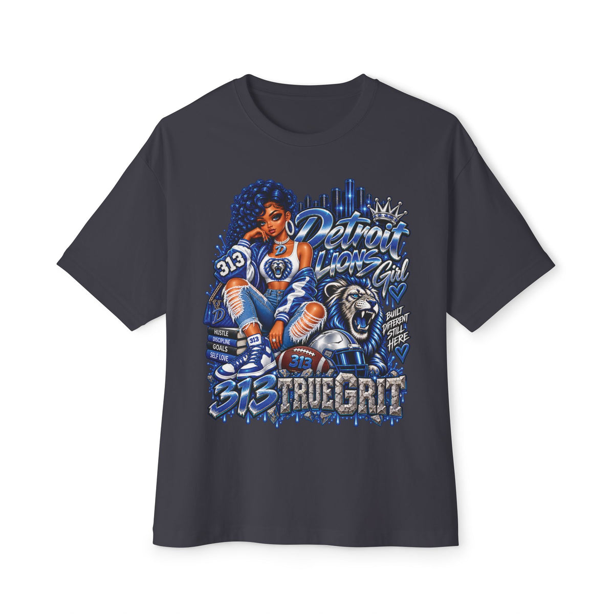 Lions Detroit City Grit tee | Motor City skyline, 313, sneaker and bulldog illustration