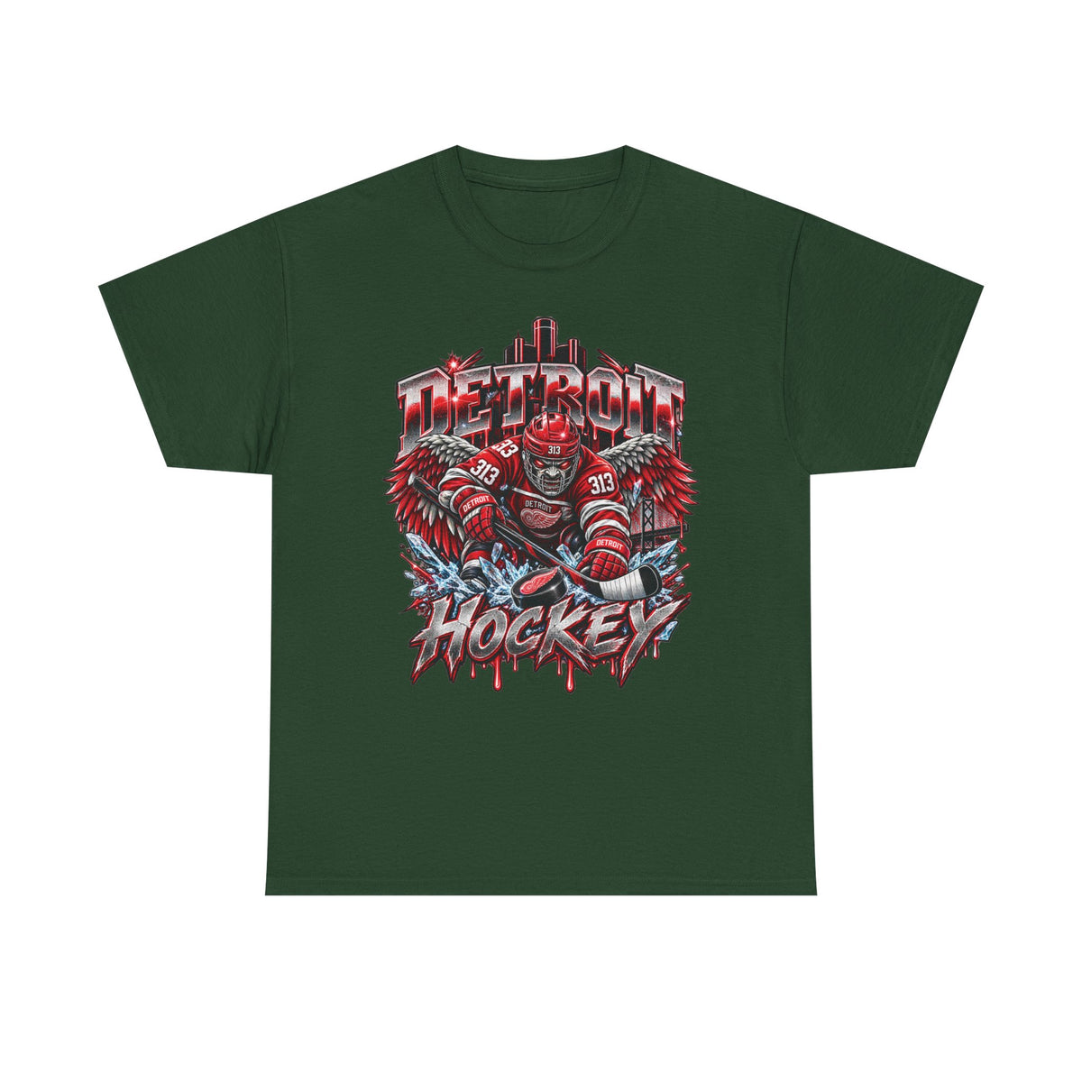 Detroit Hockey Player Graphic Tee | Metro Skyline, Winged Mascot