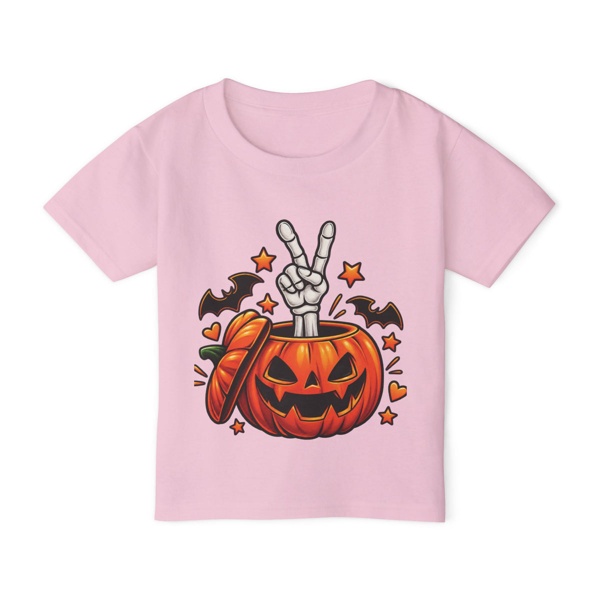 Peace Hand Skeleton in Jack-O'-Lantern Toddler T-shirt | Halloween Pumpkin Bats
