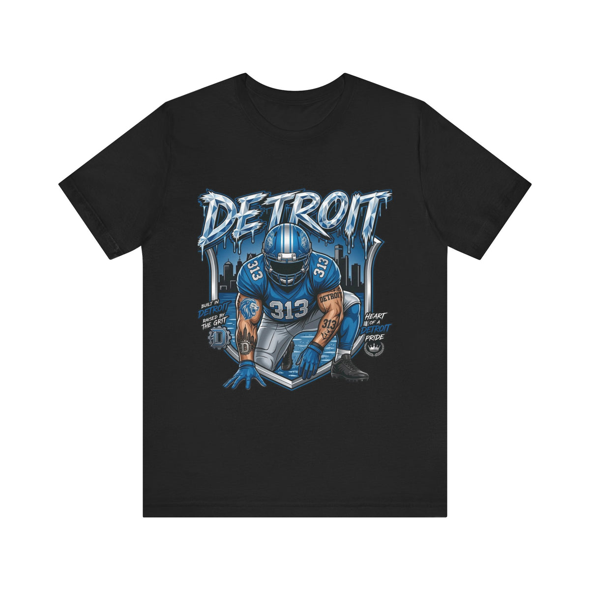 Detroit 313 Football Player Tee | City Skyline | Blue Helmet