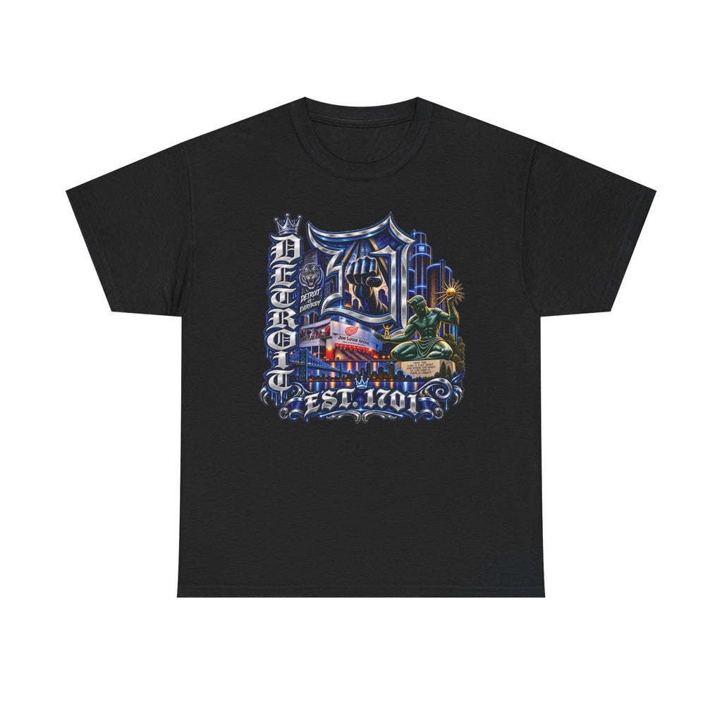 Detroit Skyline Graphic Tee | Motor City Vintage Script, Est. 1701