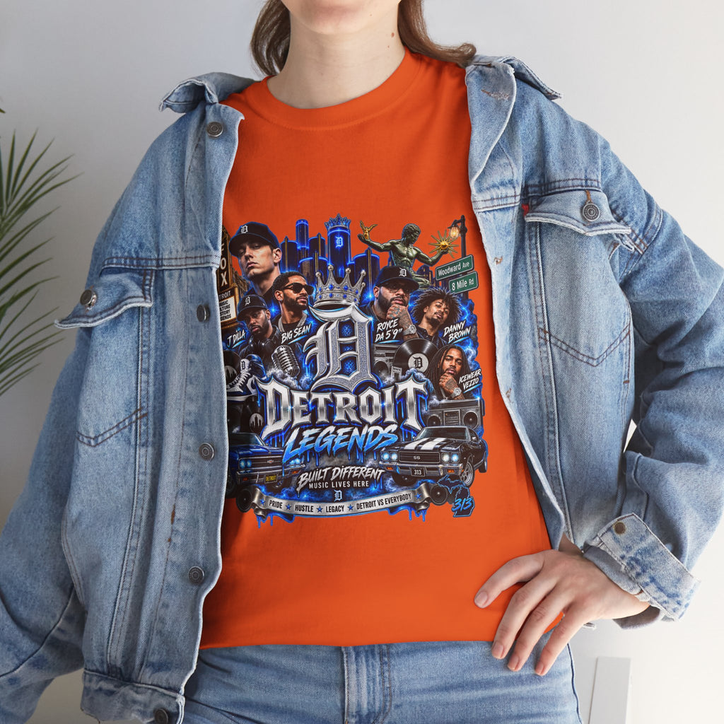 Detroit Legends collage T-Shirt | Motor City skyline, classic cars, musicians
