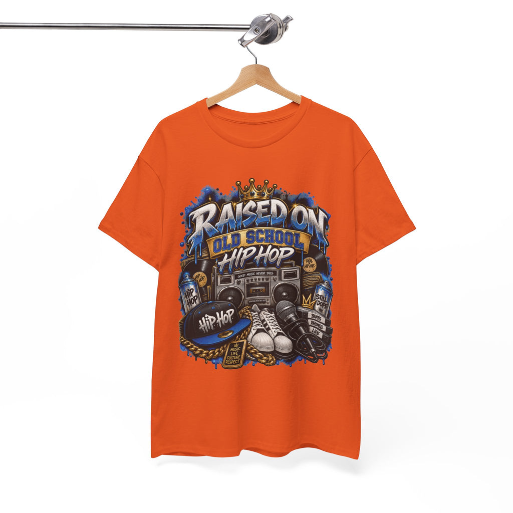 Raised On Old School Hip Hop T-Shirt | Retro Boombox Sneakers Crown Design