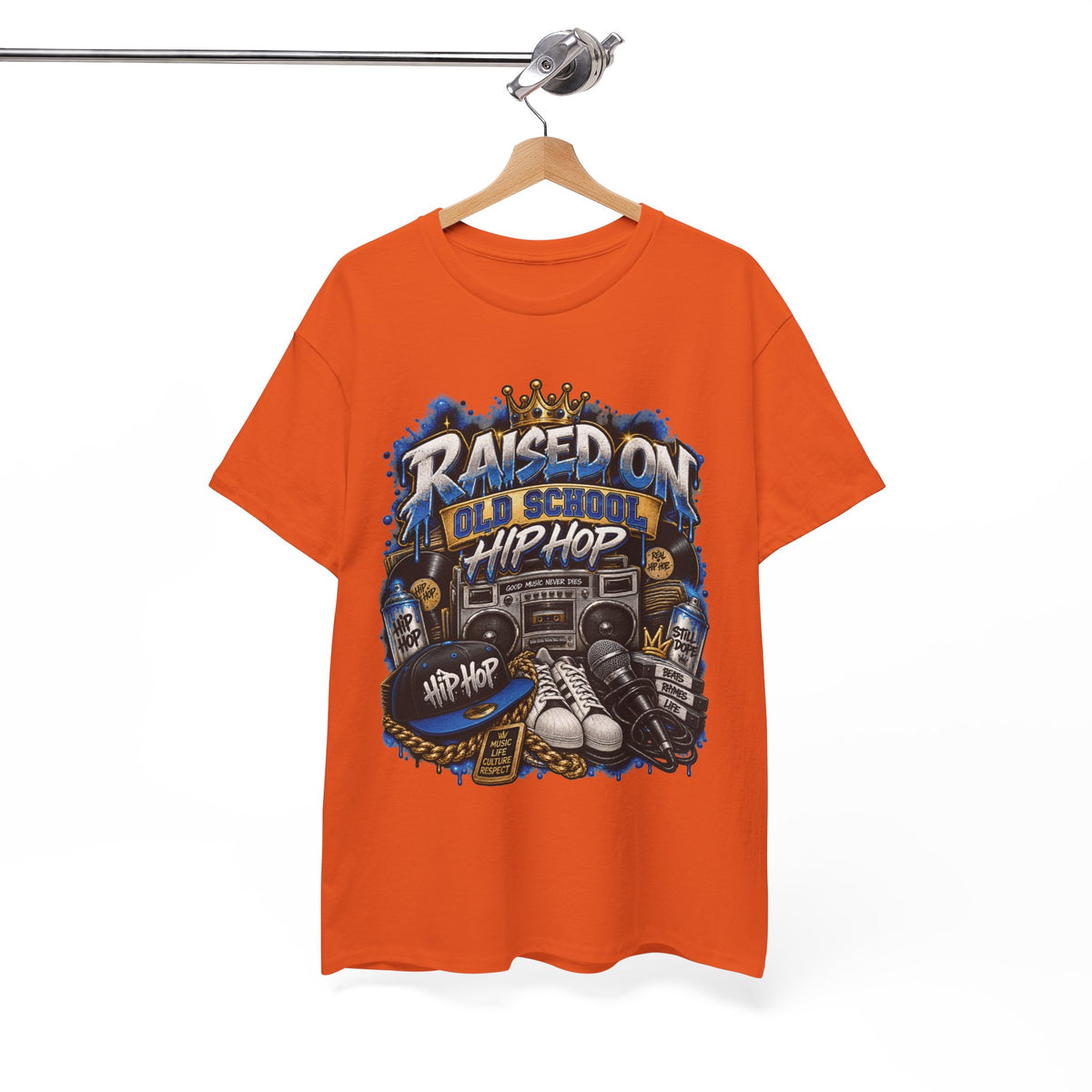 Raised On Old School Hip Hop T-Shirt | Retro Boombox Sneakers Crown Design