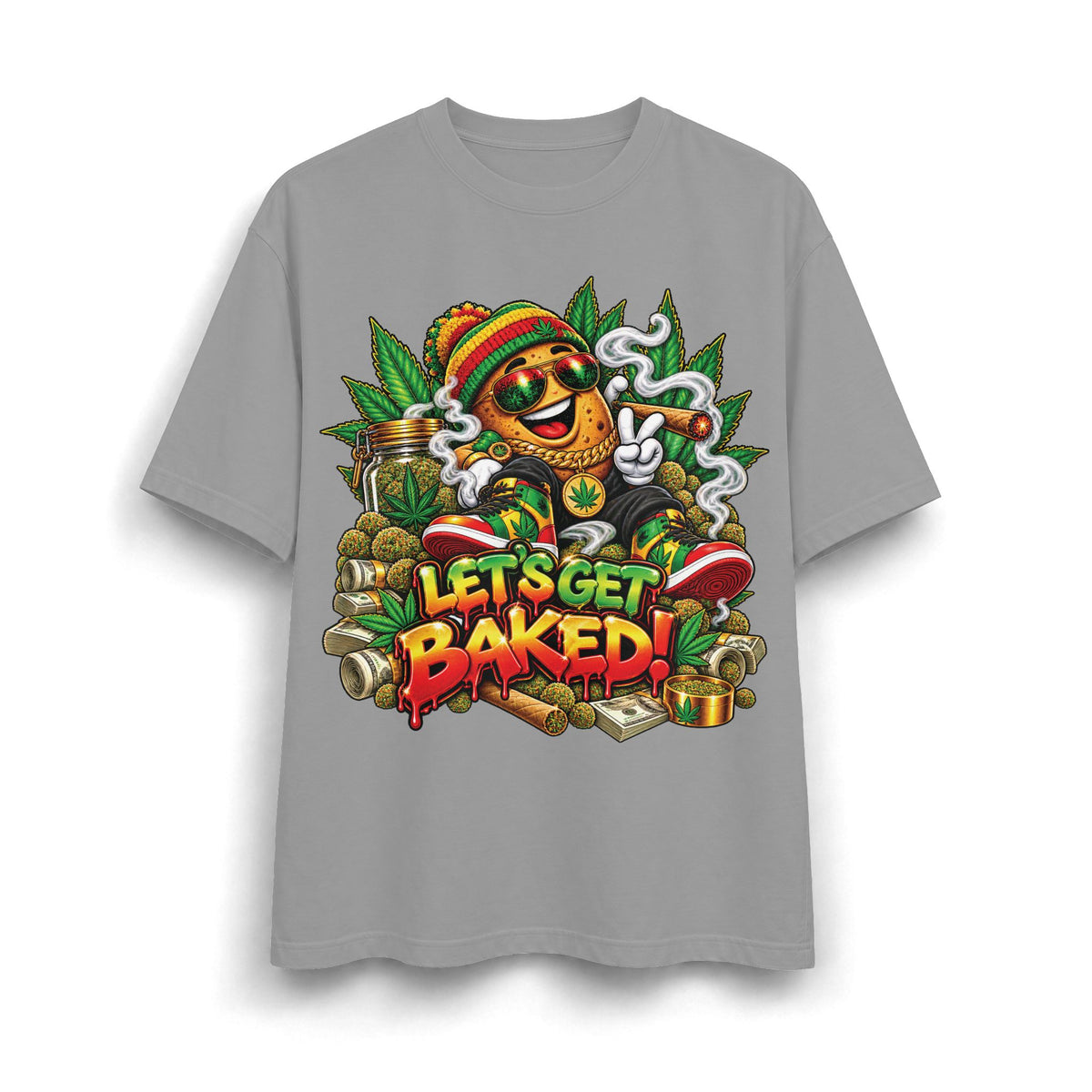 Detroit 420 Let's Get Baked marijuana leaf character T-Shirt | Rasta reggae cannabis design