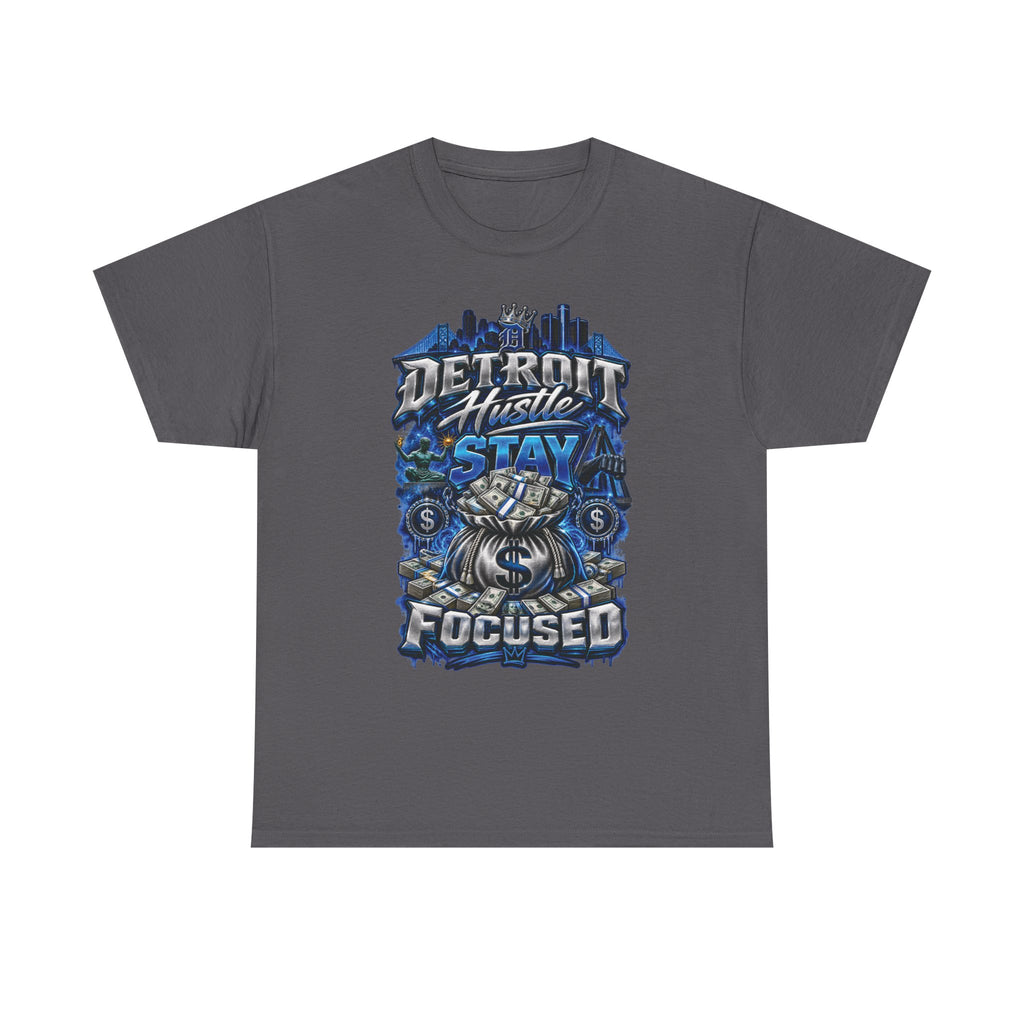 Detroit Hustle Stay Focused Tee | City Skyline, Money Bag Graphic