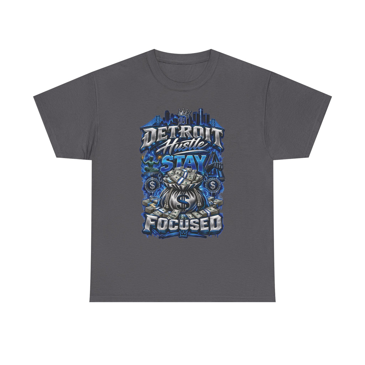 Detroit Hustle Stay Focused Tee | City Skyline, Money Bag Graphic