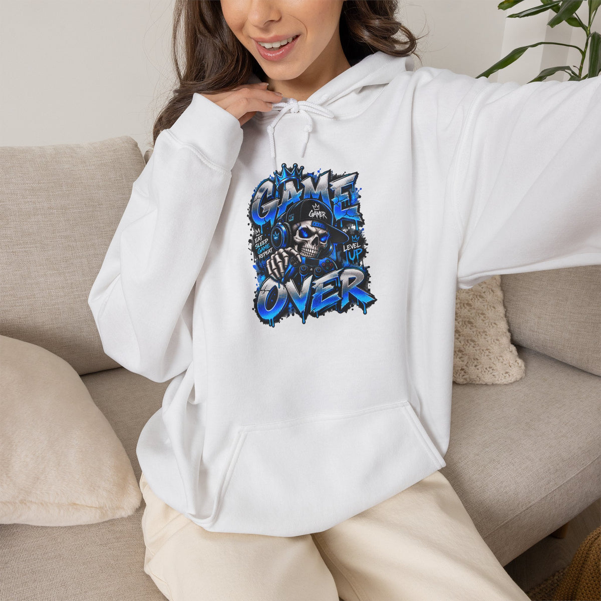 Game Over Skull hoodie | Gaming Graphic Sweatshirt, Blue Grunge Design