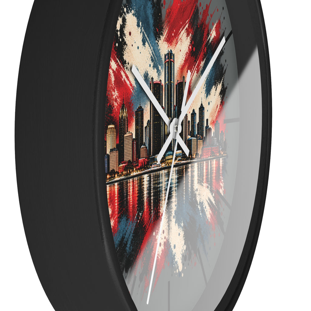 Urban Skyline Detroir Wall Clock – Red, White & Blue Cityscape Decor