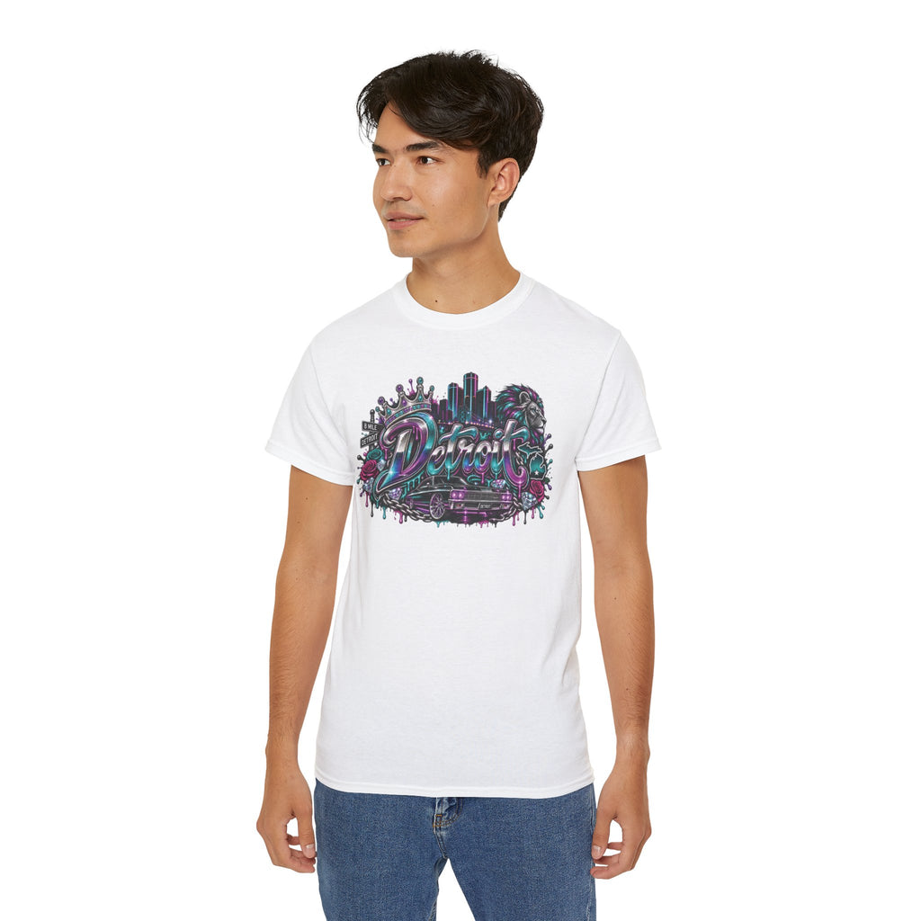 Detroit Nights skyline tee | Retro neon city palm trees graphic T-Shirt