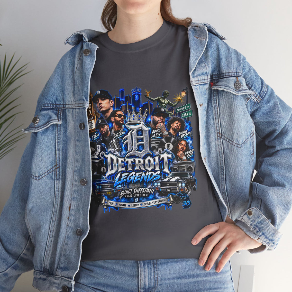 Detroit Legends collage T-Shirt | Motor City skyline, classic cars, musicians