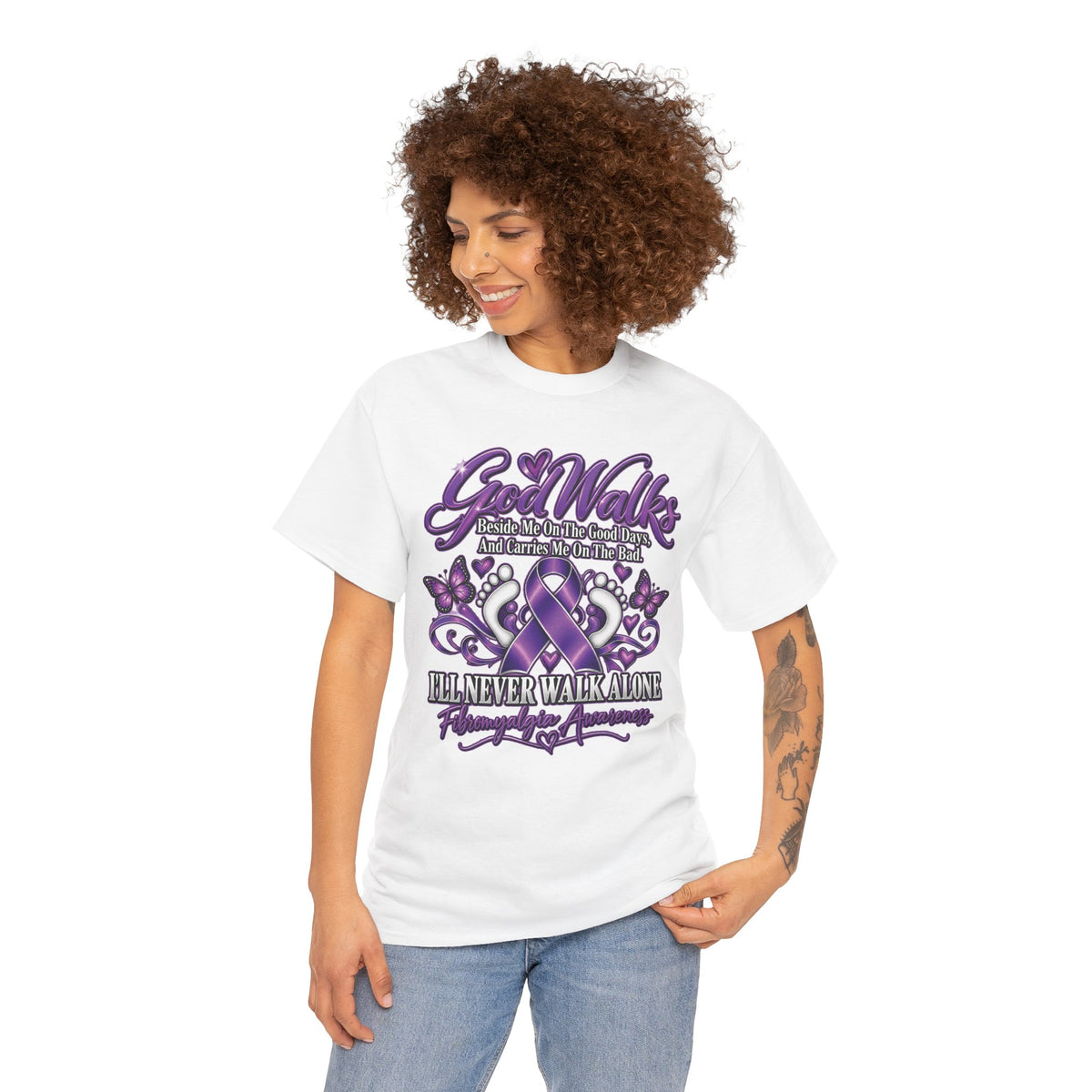 God Walks purple ribbon awareness T-Shirt | I'll Never Walk Alone design