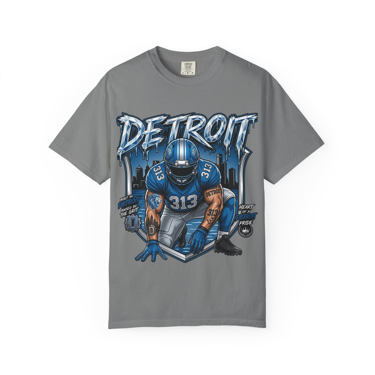 Copy of Detroit 313 Football Player T-Shirt | City Skyline, Blue Helmet Design