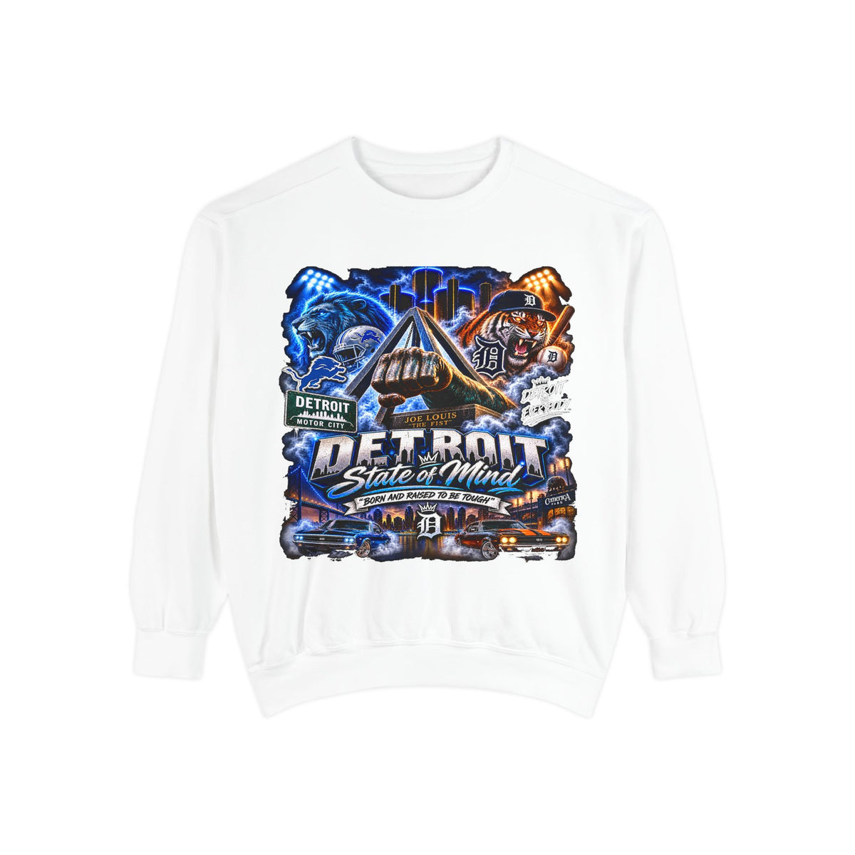 Detroit Skyline Motor City graphic Sweatshirt | Vintage cityscape, engine, blue orange