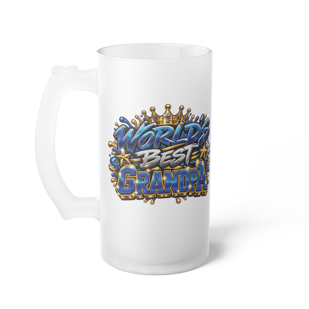 Worlds Best Grandpa Frosted Glass Beer Mug | Blue Graffiti Beer Stein Design