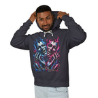 Dual Flame Masks Hoodie | Blue Pink Surreal Faces Graphic