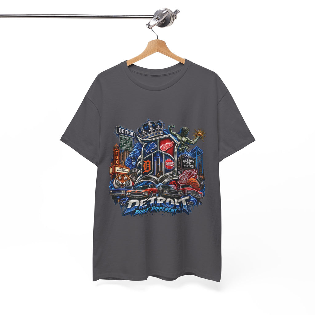 Detroit Skyline Collage T-Shirt | Motor City Landmarks, Vintage Neon Design