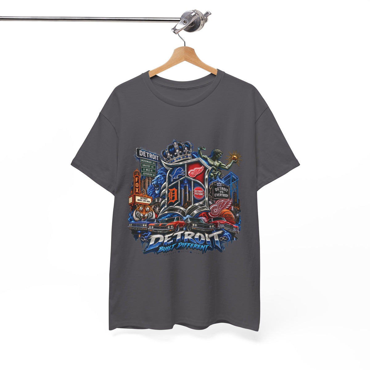 Detroit Skyline Collage T-Shirt | Motor City Landmarks, Vintage Neon Design