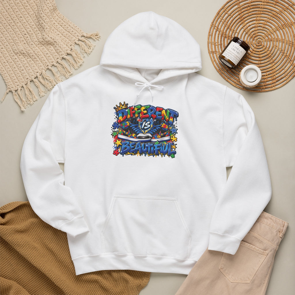 Different Is Beautiful hoodie | colorful graffiti text, stars & flowers