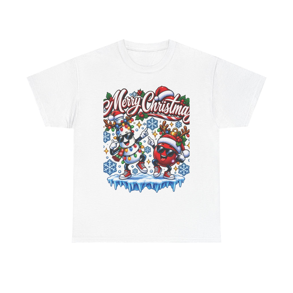 Merry Christmas Dancing Ornaments T-Shirt | Festive Snowflakes Holiday Tee
