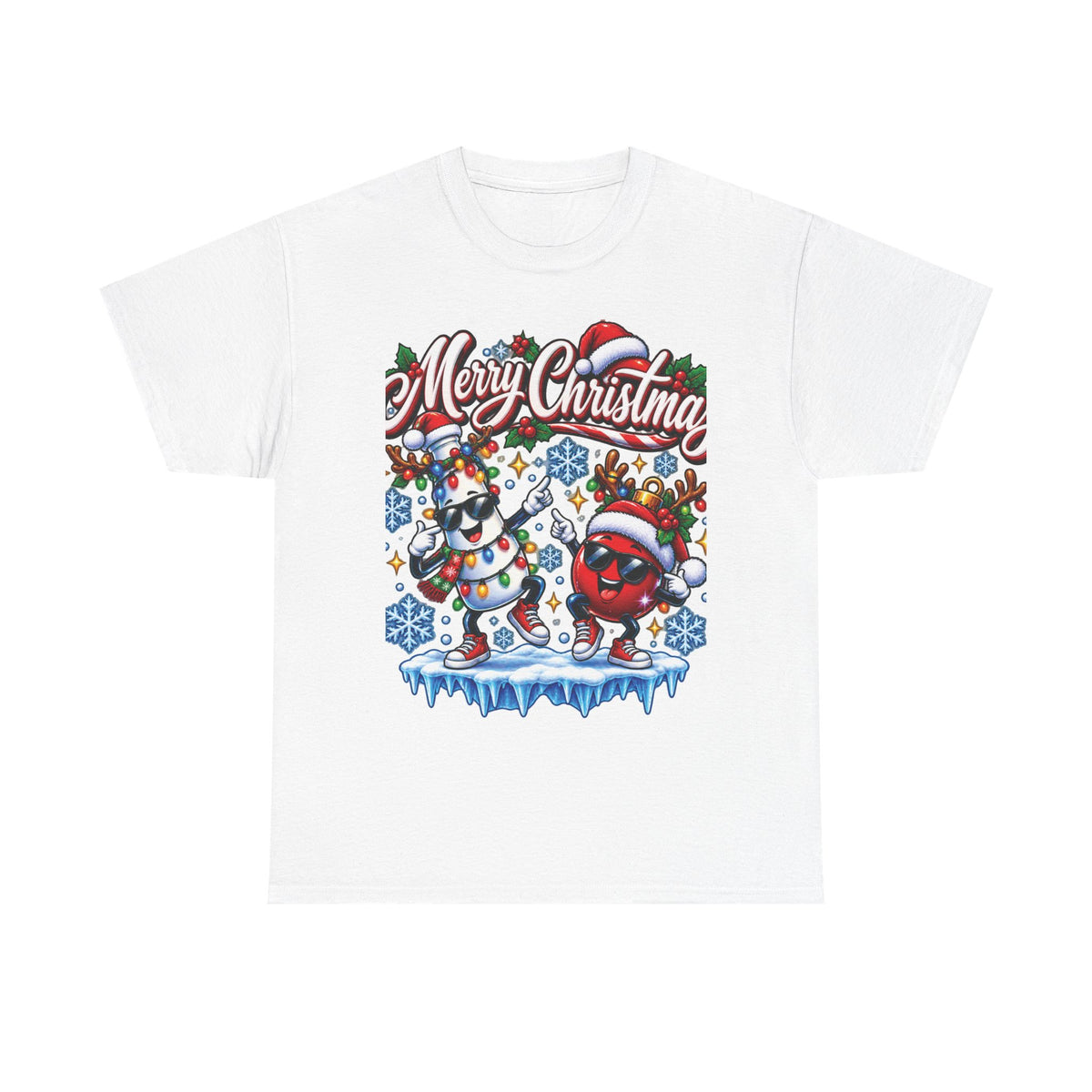 Merry Christmas Dancing Ornaments T-Shirt | Festive Snowflakes Holiday Tee