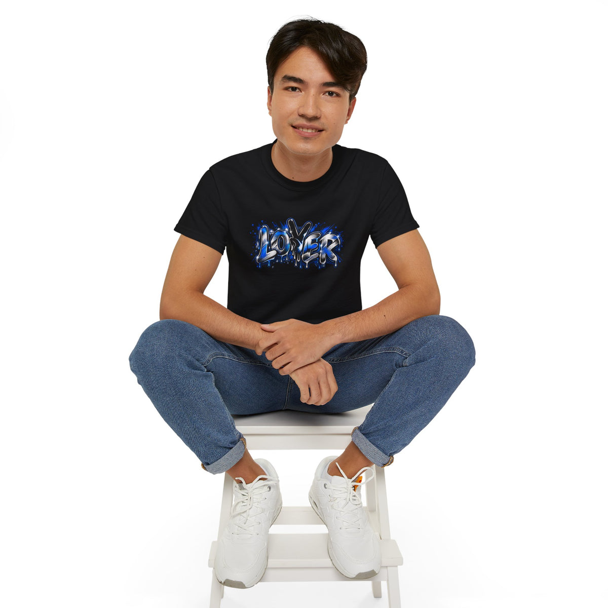 Graffiti 'Lover' Drip Design T-Shirt | Street Art Blue Black