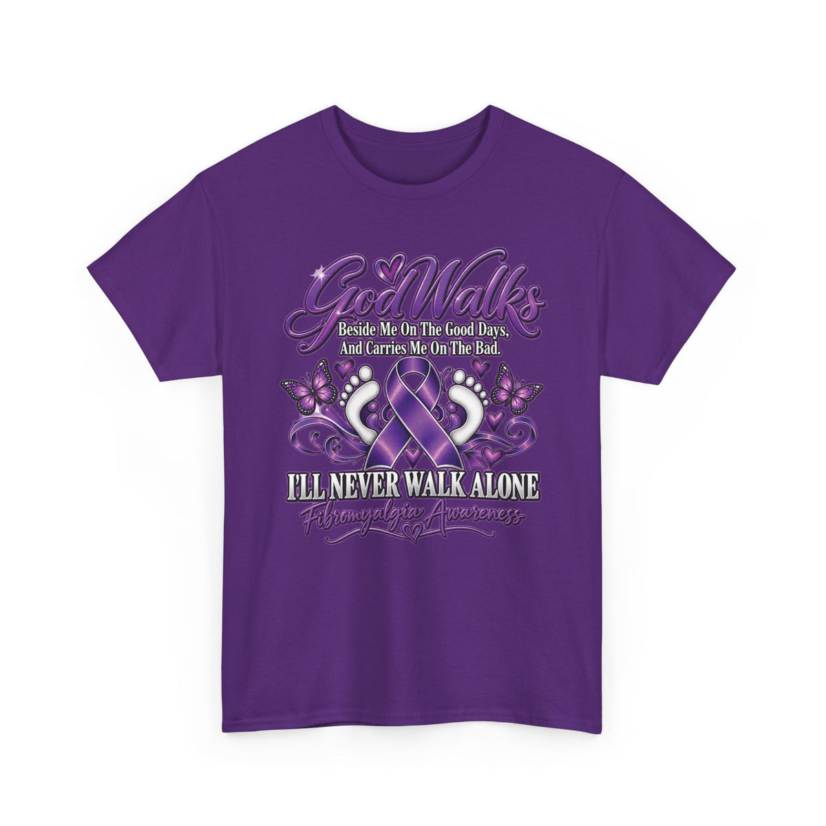 God Walks purple ribbon awareness T-Shirt | I'll Never Walk Alone design
