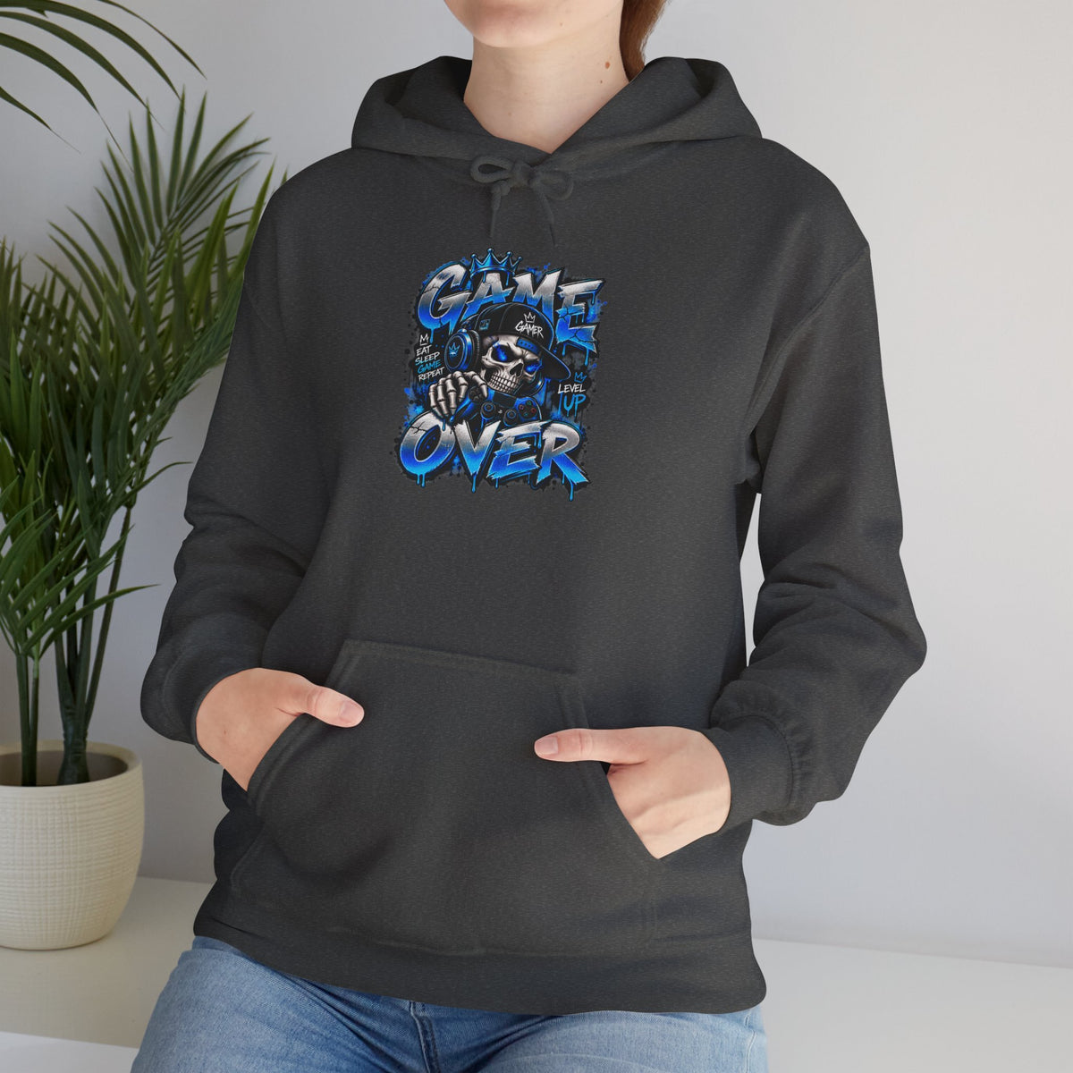 Game Over Skull hoodie | Gaming Graphic Sweatshirt, Blue Grunge Design
