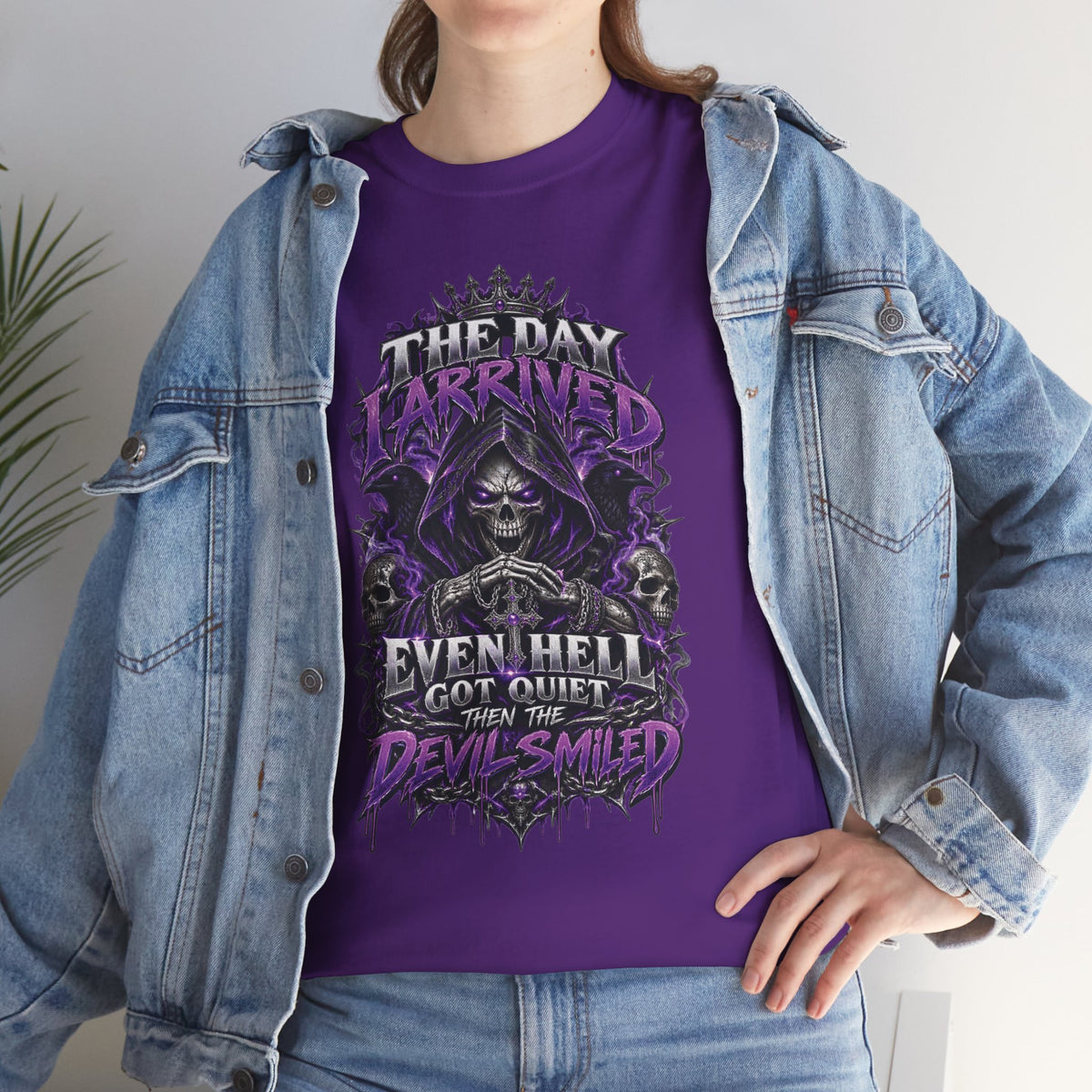 Grim Reaper Skull with Purple Flames T-Shirt | Gothic Death Quote Tee
