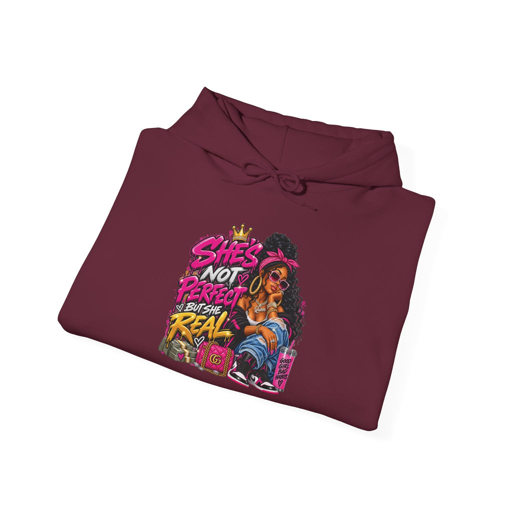Shes Not Perfect Real AF hoodie | Retro Neon Girl Graphic Hoodie