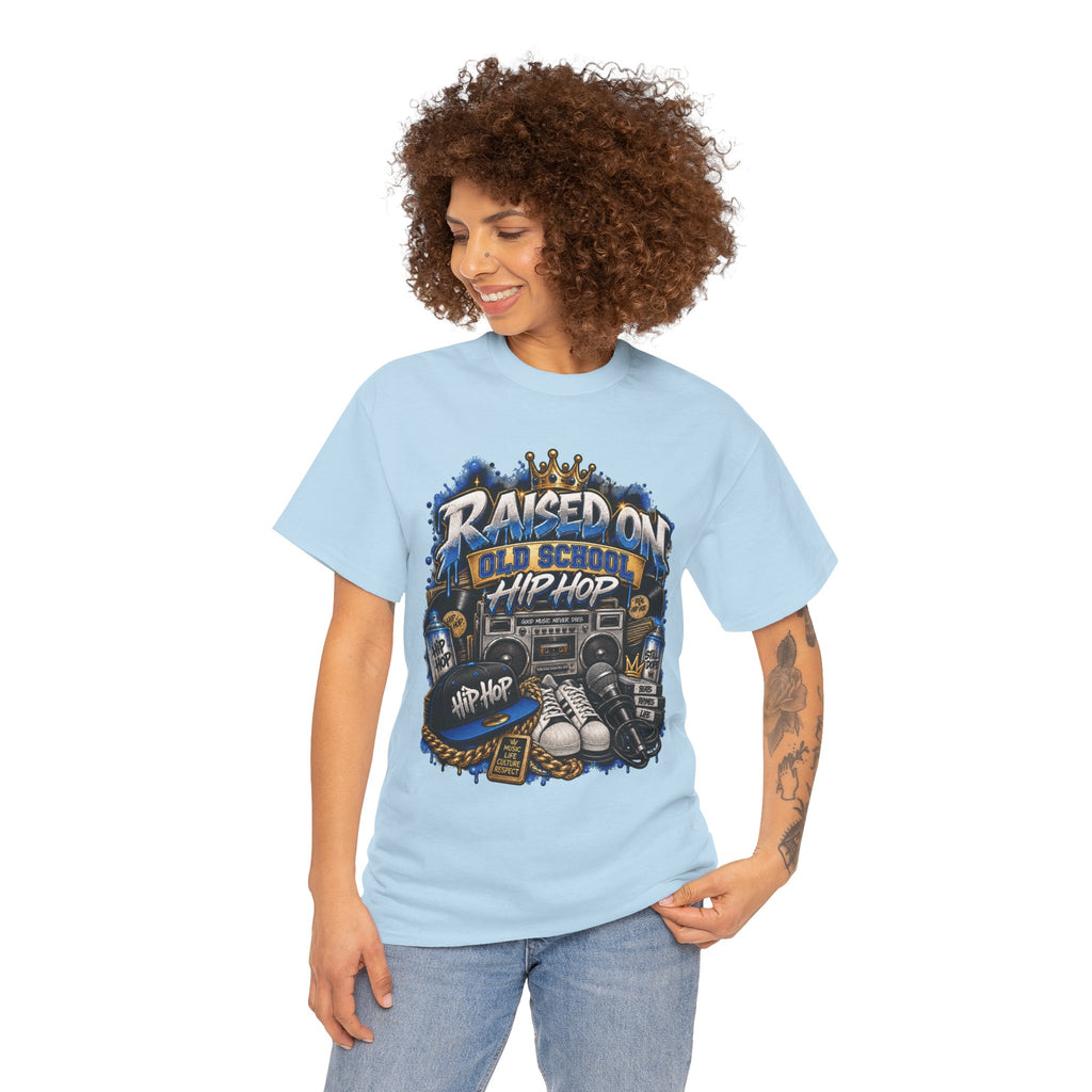 Raised On Old School Hip Hop T-Shirt | Retro Boombox Sneakers Crown Design