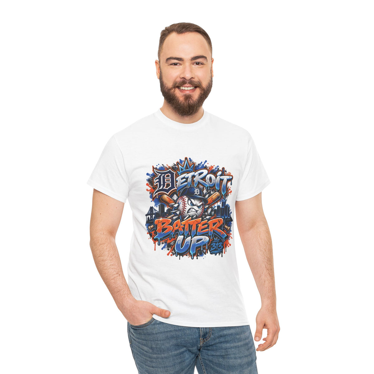 Detroit Batter Up T-Shirt | Baseball City Skyline Tee
