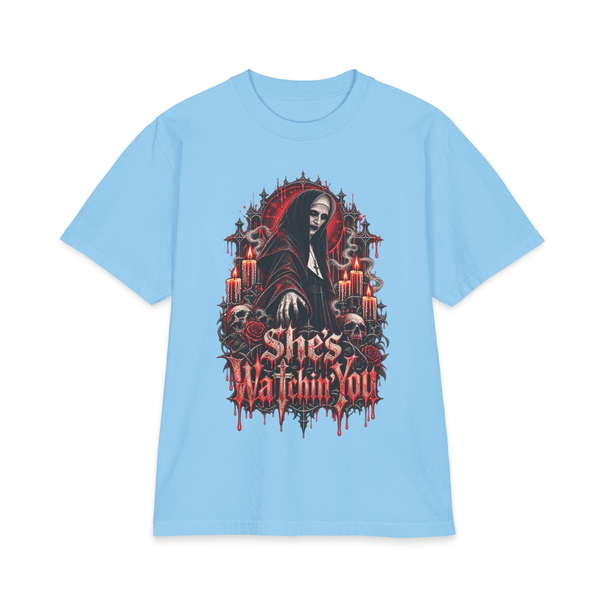 Horror Nun Illustration T-Shirt | Shes Watchin You Gothic Horror Tee