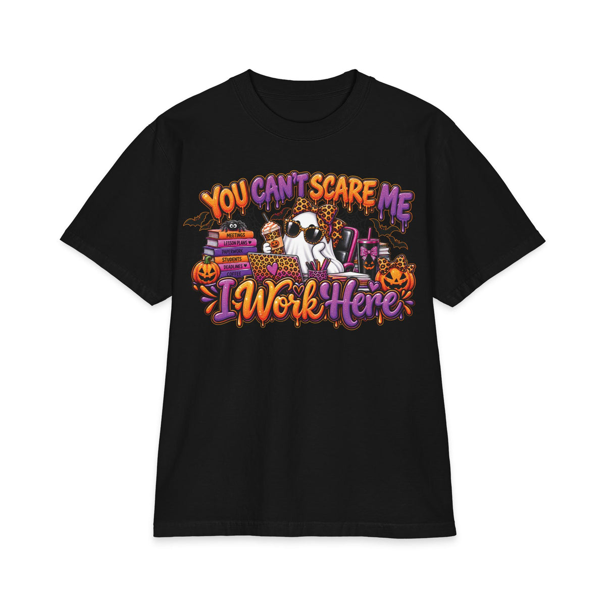 You Cant Scare Me I Work Here T-Shirt | Halloween Cow Pumpkin Graphic