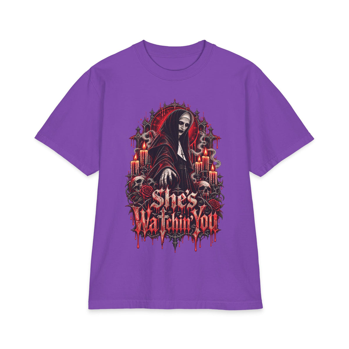 Horror Nun Illustration T-Shirt | Shes Watchin You Gothic Horror Tee