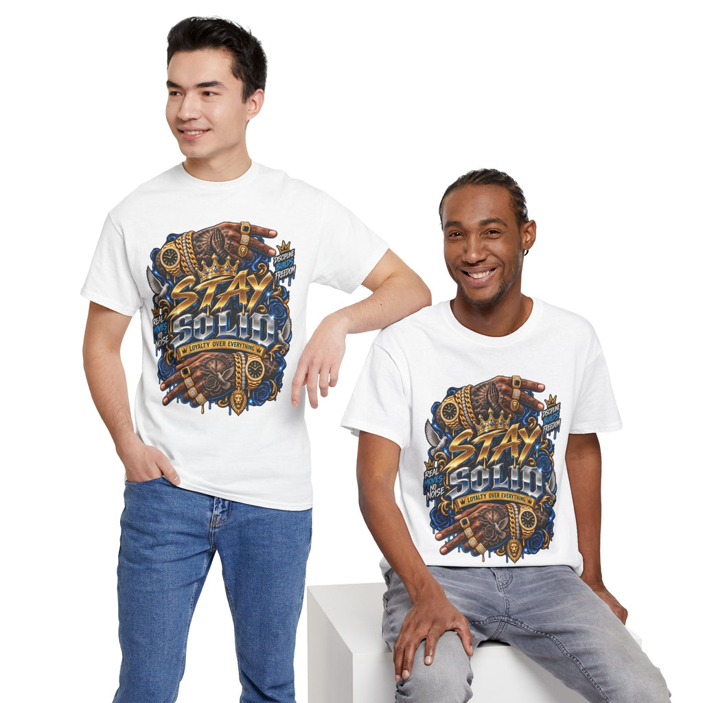 Stay Solid graphic tee | Urban street art typography, gold chain hands