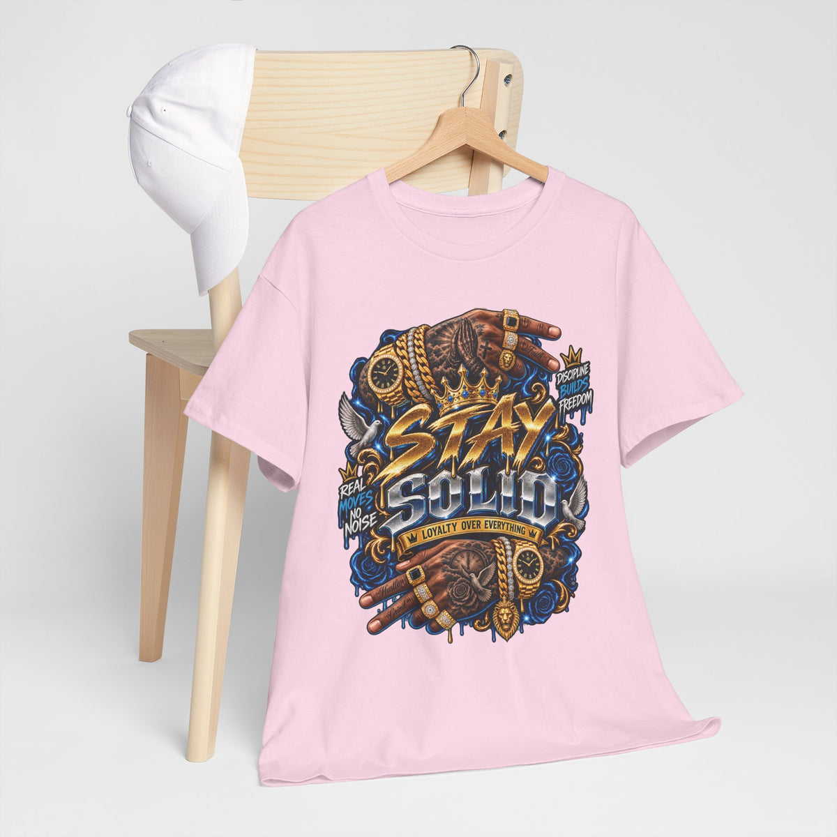 Stay Solid graphic tee | Urban street art typography, gold chain hands