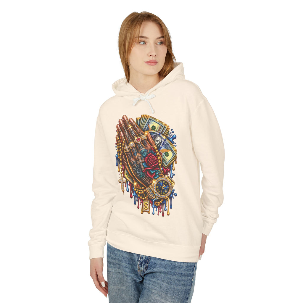 Praying Hands Collage Hoodie | Money, Watch & Roses Drip Design