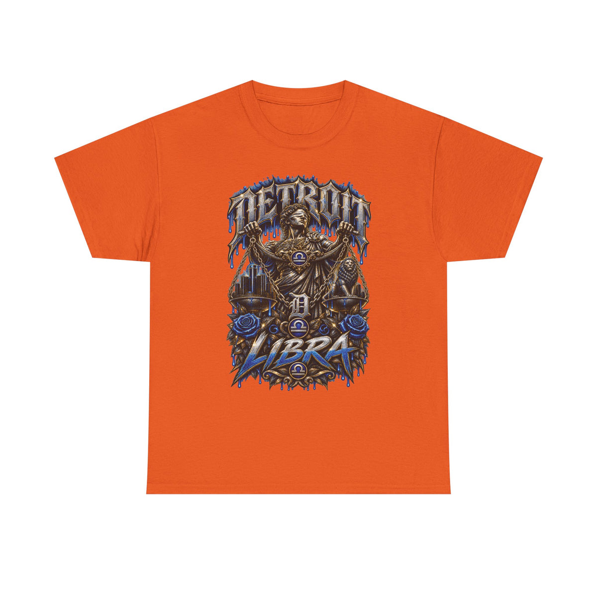 Detroit Libra T-Shirt | Skull Scales, Blue Roses, Zodiac Design