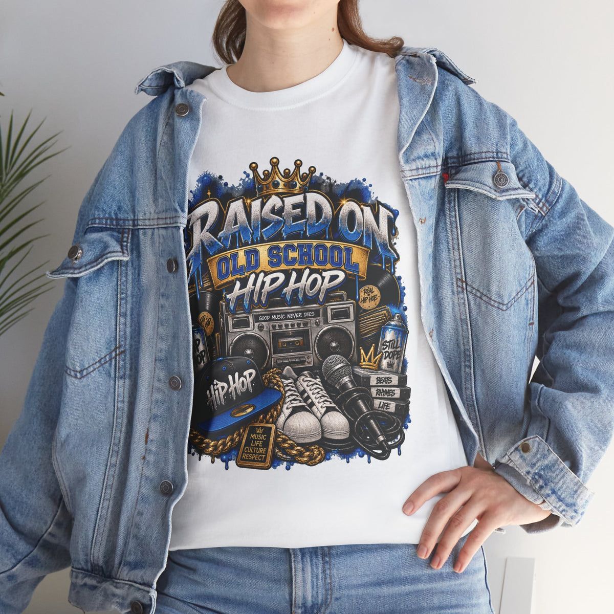Raised On Old School Hip Hop T-Shirt | Retro Boombox Sneakers Crown Design