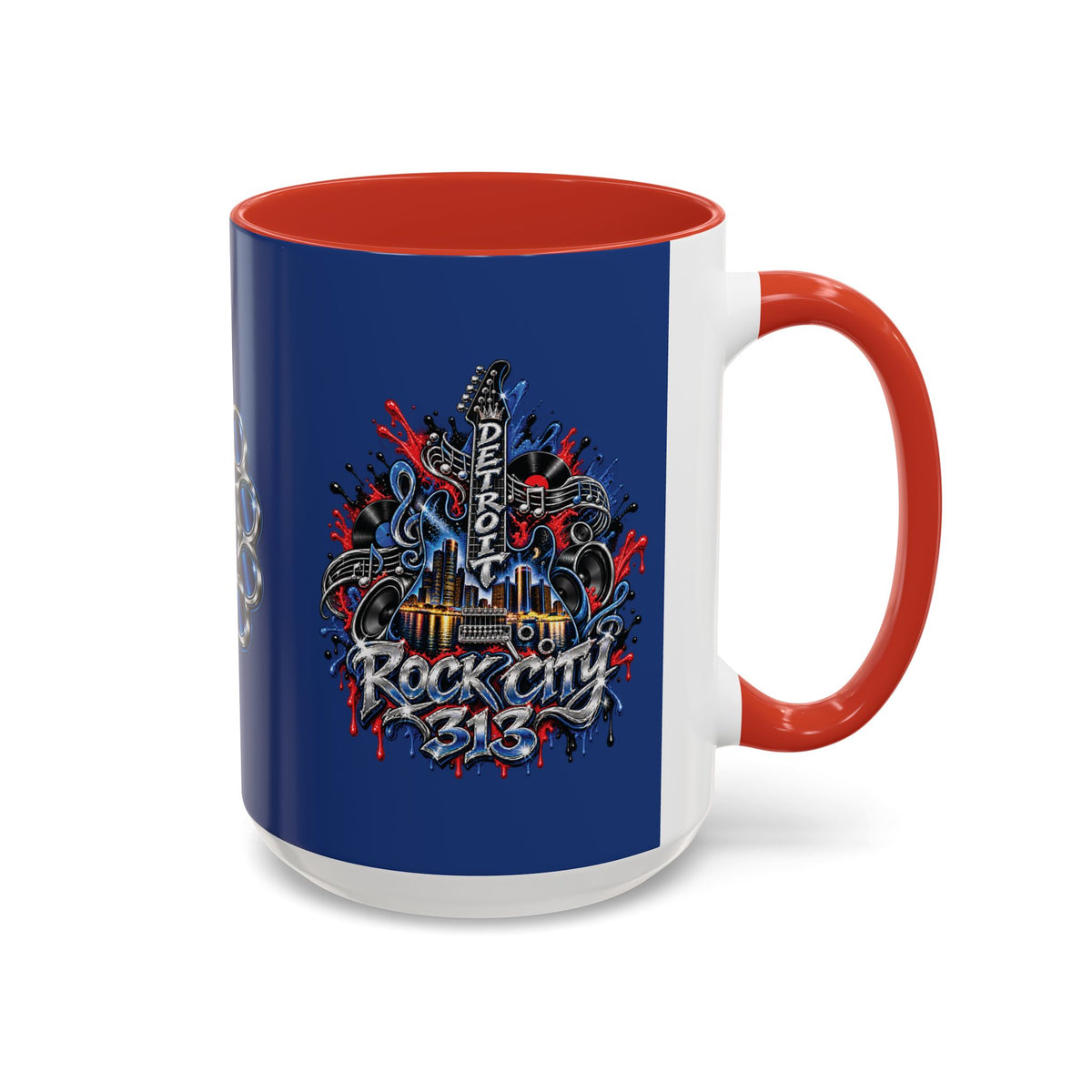 Detroit Rock City 313 Blue Accent Mug | Cityscape Guitar Graffiti Design